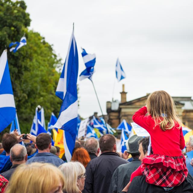 Child in crowd with Scottish flags