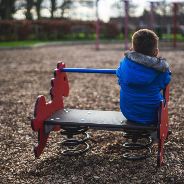 The back of a small boy playing in a park