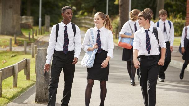 Group Of Teenage Students In Uniform Outside School Buildings